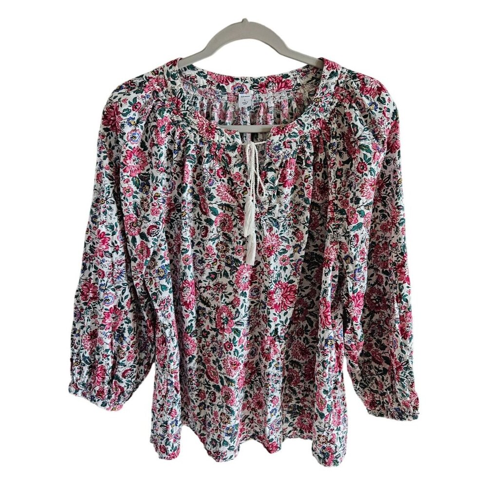 Old Navy Woman Size L Cottage Core Peasant Floral Festival Blouse Tassels Color
